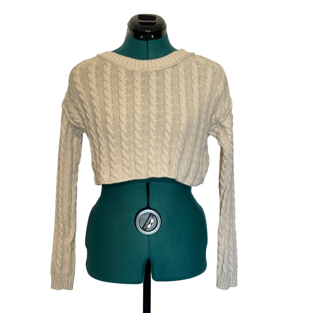 Free People Cream Cable Knit Cropped Sweater Womens XS Ivory Cotton OB1502853